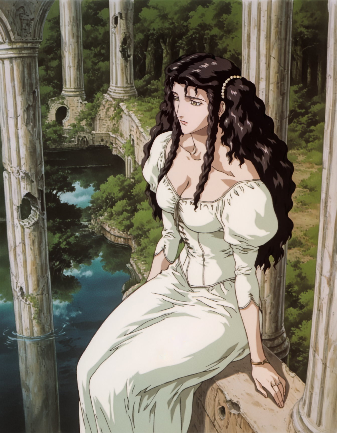 best quality, highres, absurdres, (traditional media, refined digital media \(artwork\):0.6),  masterpiece, anime screenshot, 1990s (style),
(artist: sabu \(sabudenego\):0.6),universal portrait, angle, dynamic, perspective, solo,
charlotte elbourne \(vampire hunter d\), 1girl,  outdoors, dress, white dress, long hair, black hair, long dress, forest, ruins, nature, water, eyes, jewelry, upper body, cleavage, 
 <lora:Vampire Hunter D Illustrious-step00000700:0.9>