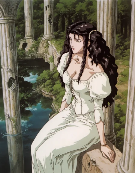 best quality, highres, absurdres, (traditional media, refined digital media \(artwork\):0.6),  masterpiece, anime screenshot, 1990s (style),
(artist: sabu \(sabudenego\):0.6),universal portrait, angle, dynamic, perspective, solo,
charlotte elbourne \(vampire hunter d\), 1girl,  outdoors, dress, white dress, long hair, black hair, long dress, forest, ruins, nature, water, eyes, jewelry, upper body, cleavage, 
 <lora:Vampire Hunter D Illustrious-step00000700:0.9>