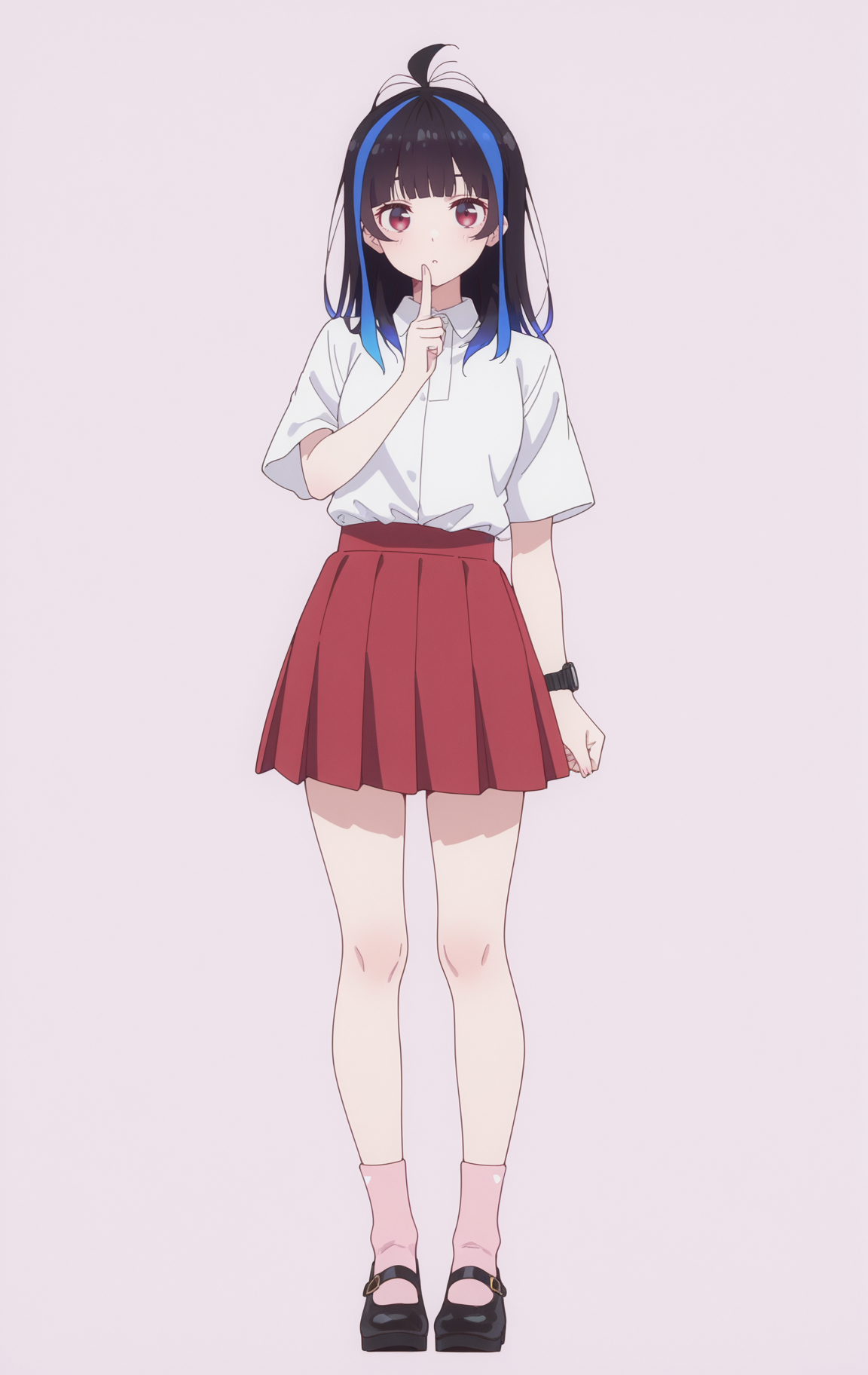 masterpiece,best quality,newest,absurdres,highres,
front view,full_shot,Squint,looking_at_viewer,
<lora:YaemoriMiniCYQL:1>,YaemoriMiniCYQL,1girl,solo,black hair,blue hair,long hair,blunt bangs,antenna hair,streaked hair,multicolored hair,red eyes,shirt,white shirt,collared shirt,short sleeves,miniskirt,red skirt,pleated skirt,socks,pink socks,mary janes,black footwear,wristwatch,
full body,standing,shushing,,
lightpink background,simple background,
<lora:spo_sdxl_10ep_4k-data_lora_webui:0.7>,<lora:MinimalistFlatColorXL_byKonan:0.5>,<lora:96YOTTEA-WAI:0.8>,,
