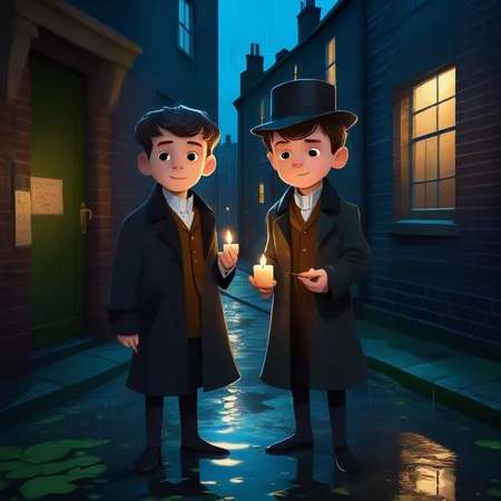 a kid sherlock holmes holding a candle standing in a london alley at night, rain, puddles, victorian england <lora:COOLKIDS_XL_0.3_RC:1>