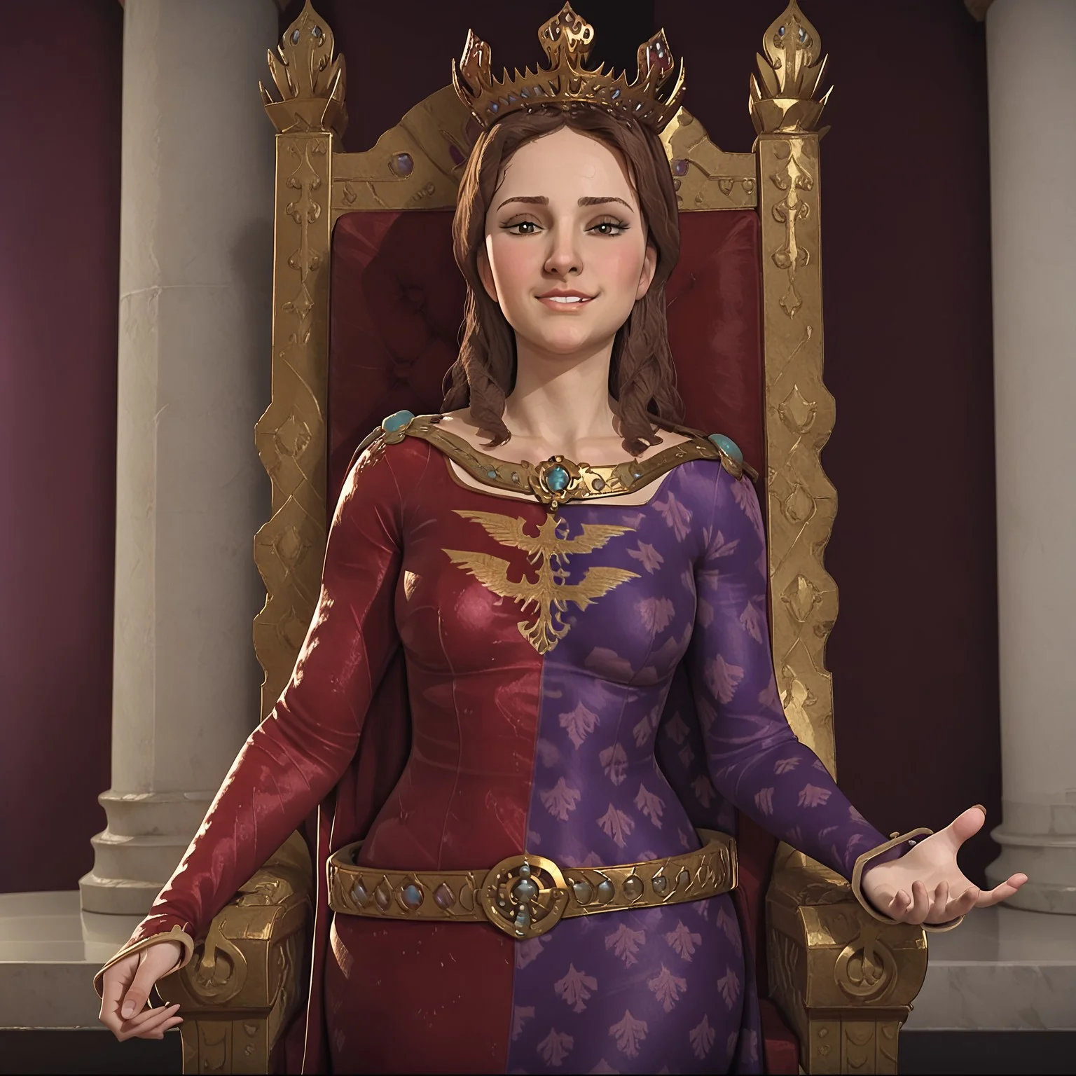 1girl, solo, Jadwiga, crown, brown hair, brown eyes. red and purple dress, sleeveless dress, regal pose in throne room, smug, satisfied, standing in front of throne