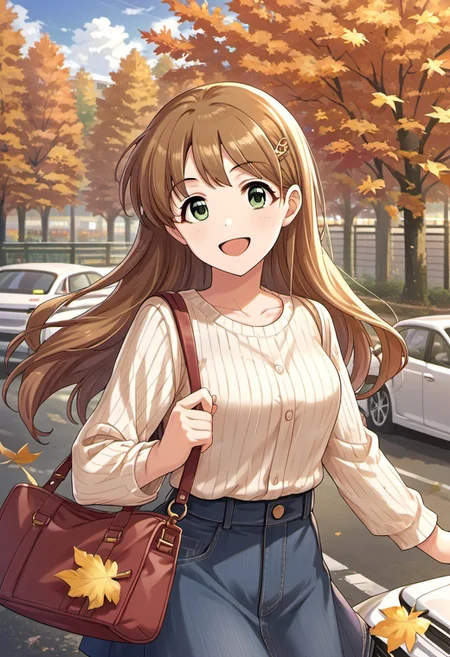 score_9, score_8_up, score_7_up, source_anime, makihara shiho, long hair, brown hair, green eyes, 1girl, car, ground vehicle, solo, motor vehicle, hair ornament, bag, smile, hairclip, autumn leaves, open mouth, leaf