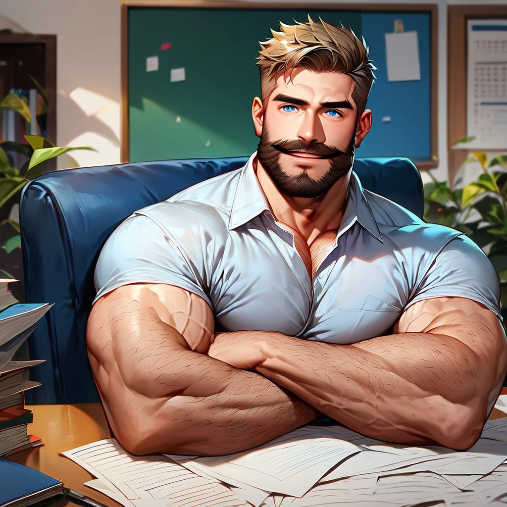 score_9,score_8_up,score_7_up, score_9, score_8_up, Intricate Details, Masterpiece, Best Quality, 1man, mature, bara, solo, male focus, bulky, correct anatomy, perfect hands, stylized seinen anime style, lots of details, shaded skin, shaded, detailed shading, detailed skin, counter shading, five fingers, bodybuilder, big pecs, big arms, round face, mature features, thick thighs, extremely hairy, hairy legs, hairy arms, hairy armpits, dirty blonde facial hair, mustache, beard, dirty blonde hair, muscle gut, dark blue eyes, black collared shirt, sitting at desk, doing paperwork, office, accounting