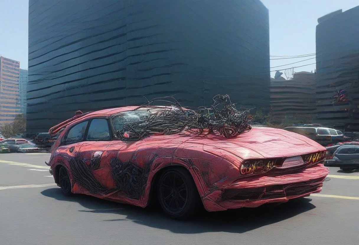 `masterpiece,best quality,absurdres,end_tripwire_morph, neon, wires, made of wires, cables, outlined with wires and neon, neon outlines, wire sculpture, neon wire sculpture, car, cyberpunk