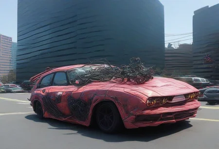 `masterpiece,best quality,absurdres,end_tripwire_morph, neon, wires, made of wires, cables, outlined with wires and neon, neon outlines, wire sculpture, neon wire sculpture, car, cyberpunk