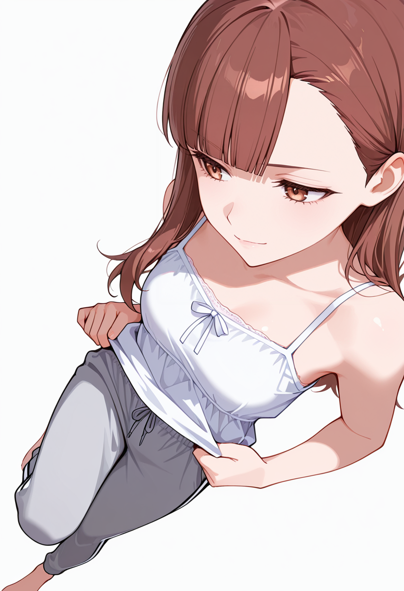 masterpiece,high quality details, absurdres,
<lora:Nagisa_Satou:0.8>
nagisa_cnr, 1girl, brown hair, long hair, blunt bangs, asymmetrical bangs, brown eyes,, simple background, white background, from above,solo,, crazy,light smile,, opposite leg lifted backward,slight side bend,serious face,, camisole,blouse,sweatpants,  ,bridal legwear,