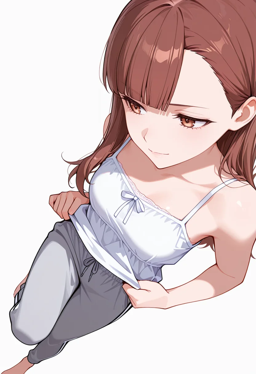 masterpiece,high quality details, absurdres,
<lora:Nagisa_Satou:0.8>
nagisa_cnr, 1girl, brown hair, long hair, blunt bangs, asymmetrical bangs, brown eyes,, simple background, white background, from above,solo,, crazy,light smile,, opposite leg lifted backward,slight side bend,serious face,, camisole,blouse,sweatpants, ,bridal legwear,