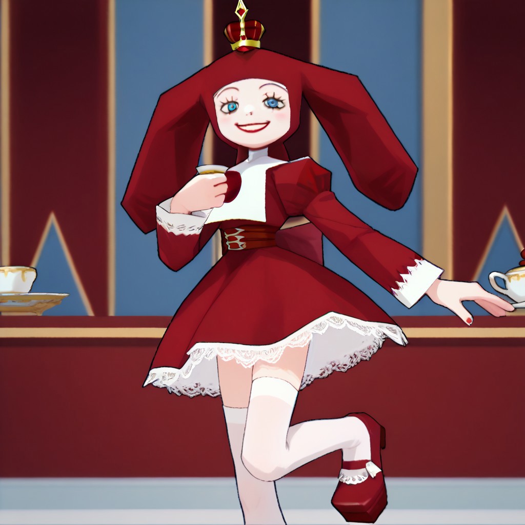 score_9, score_8_up, score_7_up BREAK PriZuDDR, 1girl, red gold crown, red headdress, blue eyes, red lipstick, white collar, long-sleeved red dress, red belt, buckle, white lace trims, white frills, white petticoat, white stockings, red platform shoes, holding teacup, red palace indoors, red royal palace background, elegant red tea room,
