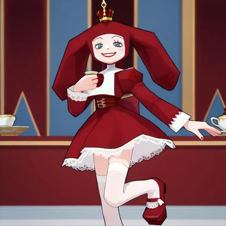 score_9, score_8_up, score_7_up BREAK PriZuDDR, 1girl, red gold crown, red headdress, blue eyes, red lipstick, white collar, long-sleeved red dress, red belt, buckle, white lace trims, white frills, white petticoat, white stockings, red platform shoes, holding teacup, red palace indoors, red royal palace background, elegant red tea room,