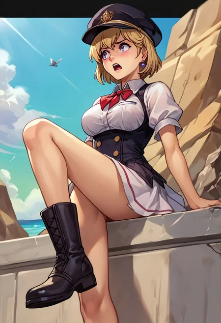 score_9, score_8_up, score_7_up, source_anime,
, (best quality) , (highly detailed) ,masterpiece ,absurdres ,detailed face ,beautiful face ,
<lora:pony_xl_Hildegard:0.8>,Hildegard,score_9,score_8_up,1girl,female,kawaii,solo,short hair,earrings blond hair
scrunchie,black cap with ball on end, dress with slit on left side up to hip,large bow on lower back,short puffed sleeves,tight around torso,shows breast shape,white collar,mail coach tie,black boots below knees,dark purple jewel on tie, outdoors,beach,soft clouds drifting,summer, vignetting,blurry background, torn clothes,facing aside,closed eyes,frown,open mouth,teeth,blush,pained look, full body,left foot out of frame,being attacked,(lower half of breasts exposed:1.1),tattered fabric particles debris disintegration effect,injury,from below,
best quality, masterpiece, very aesthetic, 
OverallDetail
