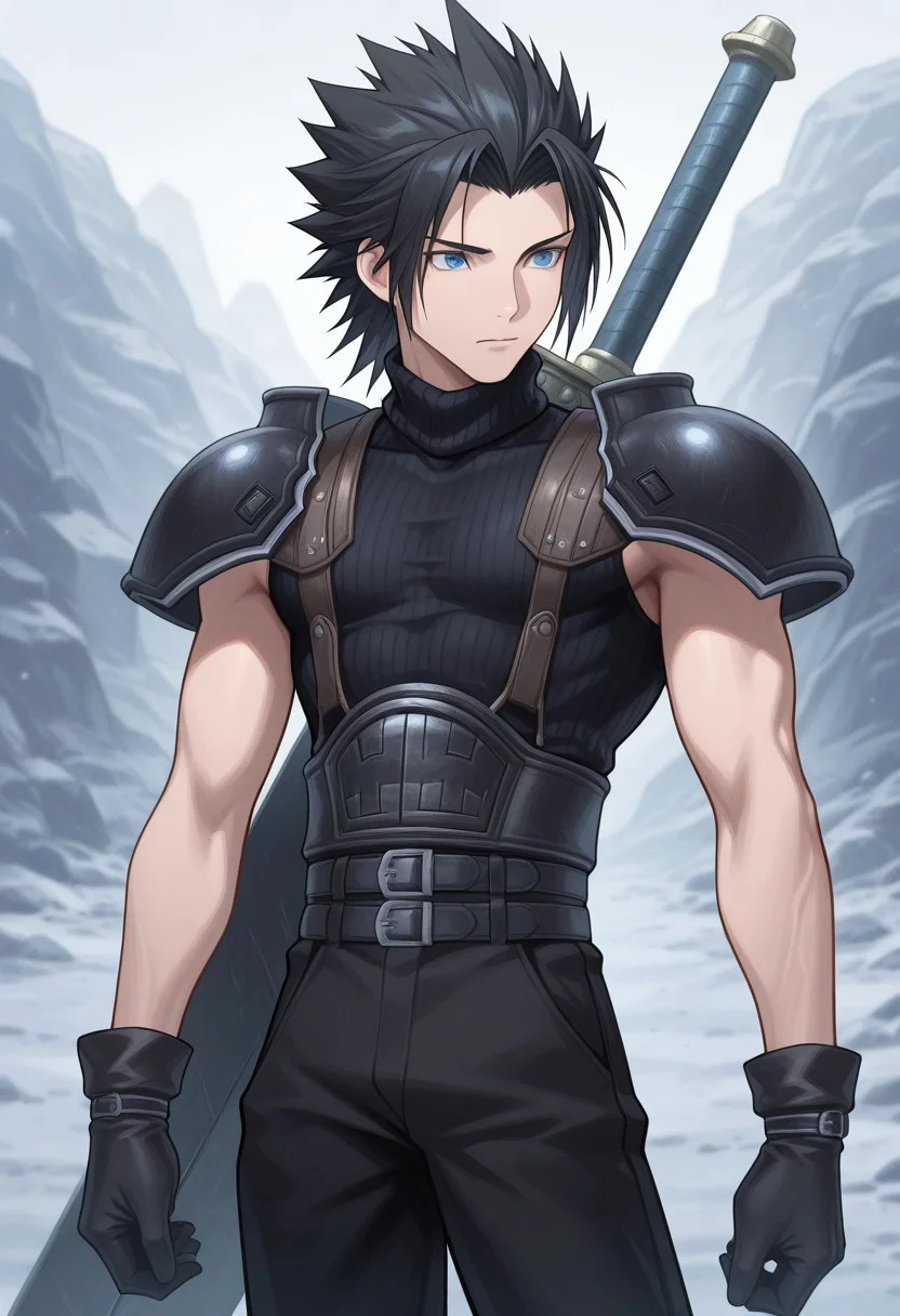 masterpiece,best quality,amazing quality, source_anime,
ZakkusuFea, 1boy, male focus, solo, blue eyes, black hair, spiked hair, short hair, shoulder armor, sleeveless turtleneck, gloves, black gloves, multiple belts, black pants, buster sword, outdoor,