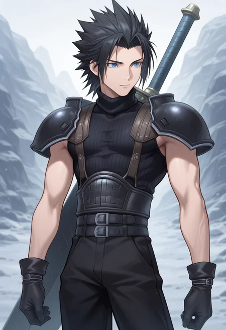 masterpiece,best quality,amazing quality, source_anime,
ZakkusuFea, 1boy, male focus, solo, blue eyes, black hair, spiked hair, short hair, shoulder armor, sleeveless turtleneck, gloves, black gloves, multiple belts, black pants, buster sword, outdoor,