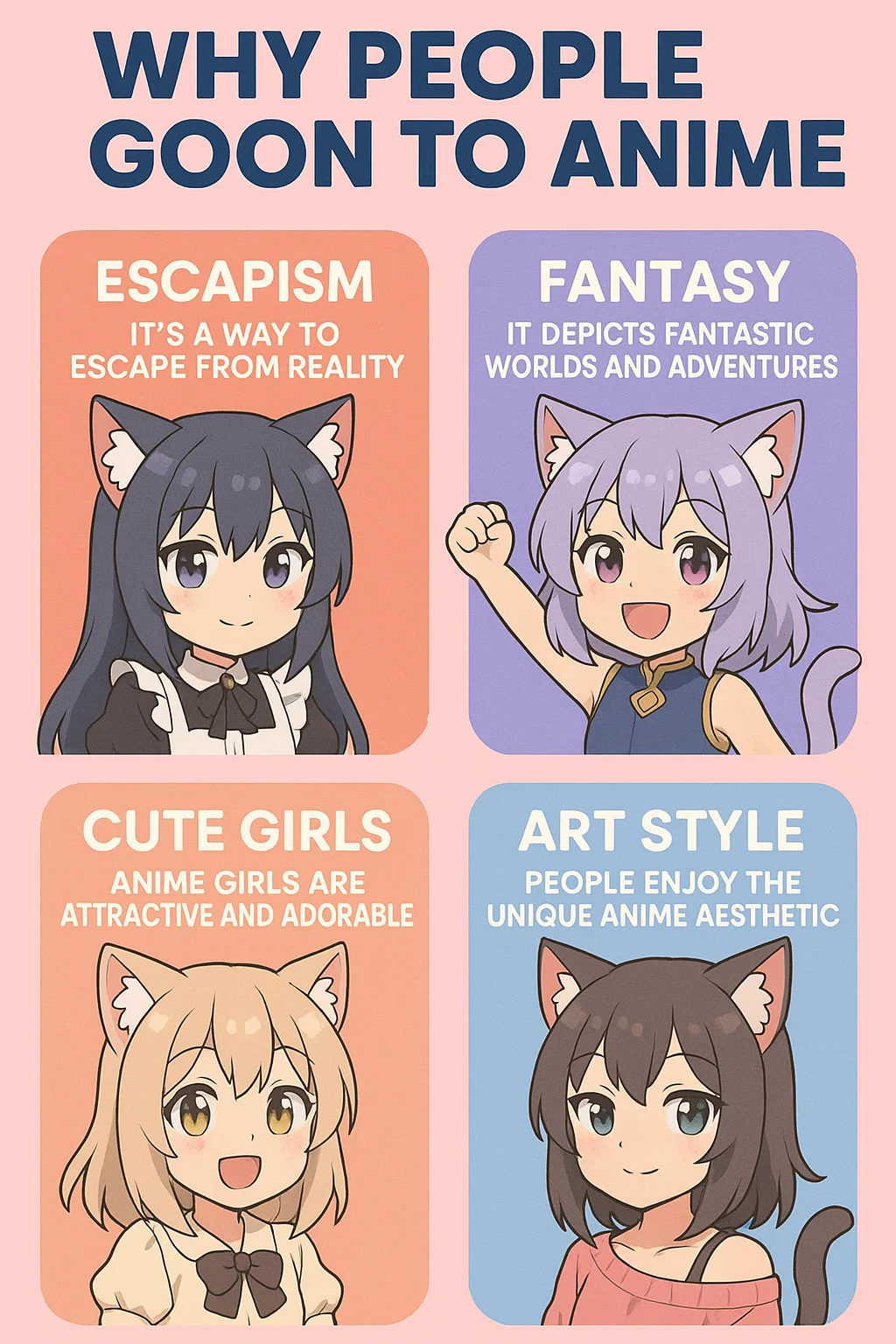  Create an modern infographic on why people goon to anime, the characters depicted should be cute anime cat girl waifus.