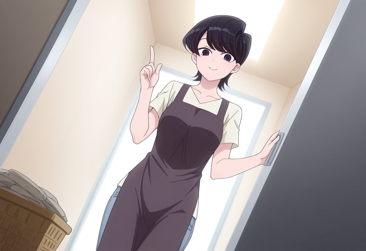 Rating 9, Rating 8, Rating 7, Rating 6, Rating 5, Rating 4, Masterpiece, Superior Quality, Amazing Quality, Masterpiece, Highest Quality, Ultra-detailed, Dynamic Angle, Dynamic Composition, Alone, white frame, maximum contrast, saturated color, bright colors, dynamic lighting,
1 girl, medium shot,vibrant colors, high contrast,
komishuukocnn, 1girl,black hair, short hair, bangs, purple eyes,mature female,
shirt, jeans, short sleeves,
wearing a dark gray apron, inside a laundry room, pile of dirty clothes in the background, she is standing, finger raised, cheerful, she is having an idea,