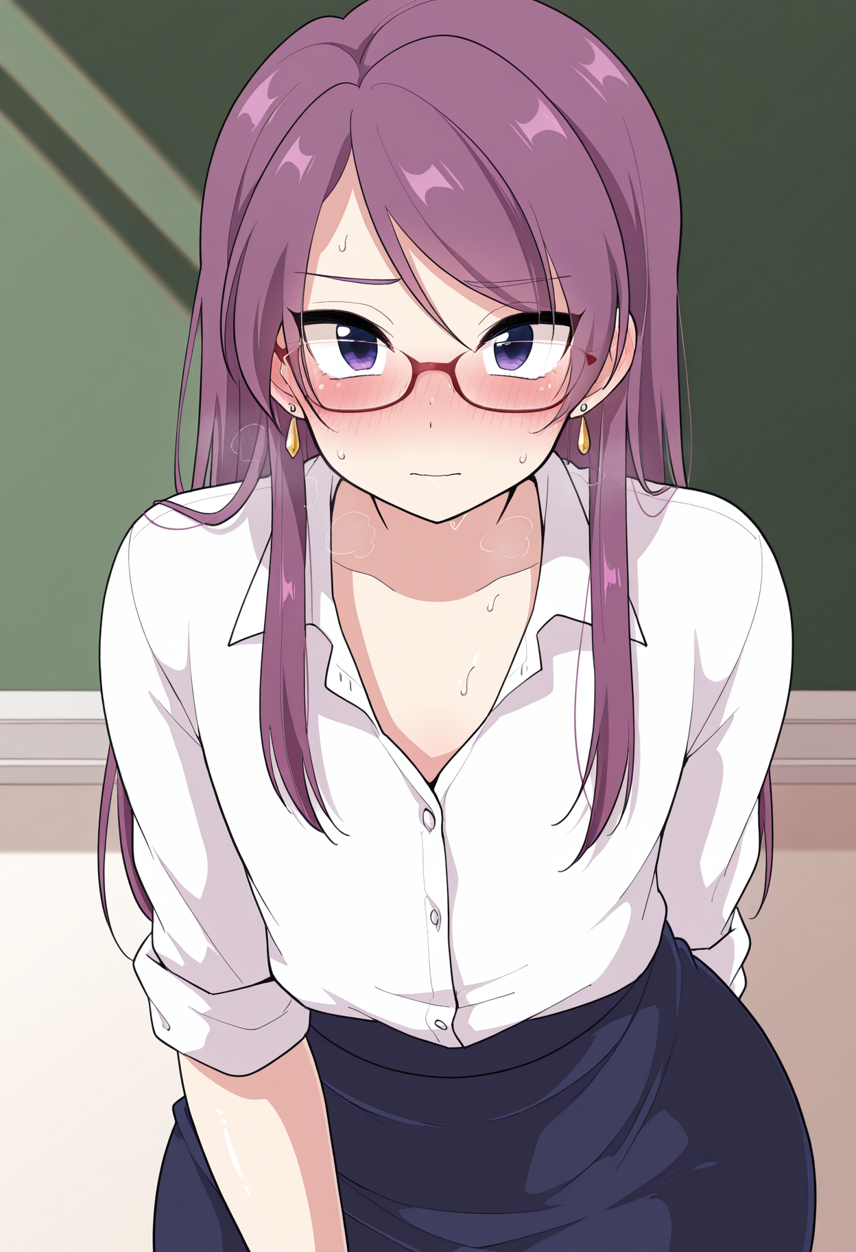 solo, skirt, chalkboard, clothes, long hair, glasses, blush, shirt, white shirt, purple hair, teacher, looking at viewer, earrings, jewelry, male focus, 1boy, trap, flat chest, purple eyes, sweat,otoko no ko, collared shirt,
<lora:UrakusoIL-style:1>,urakusodryrstyle, masterpiece,best quality,amazing quality,