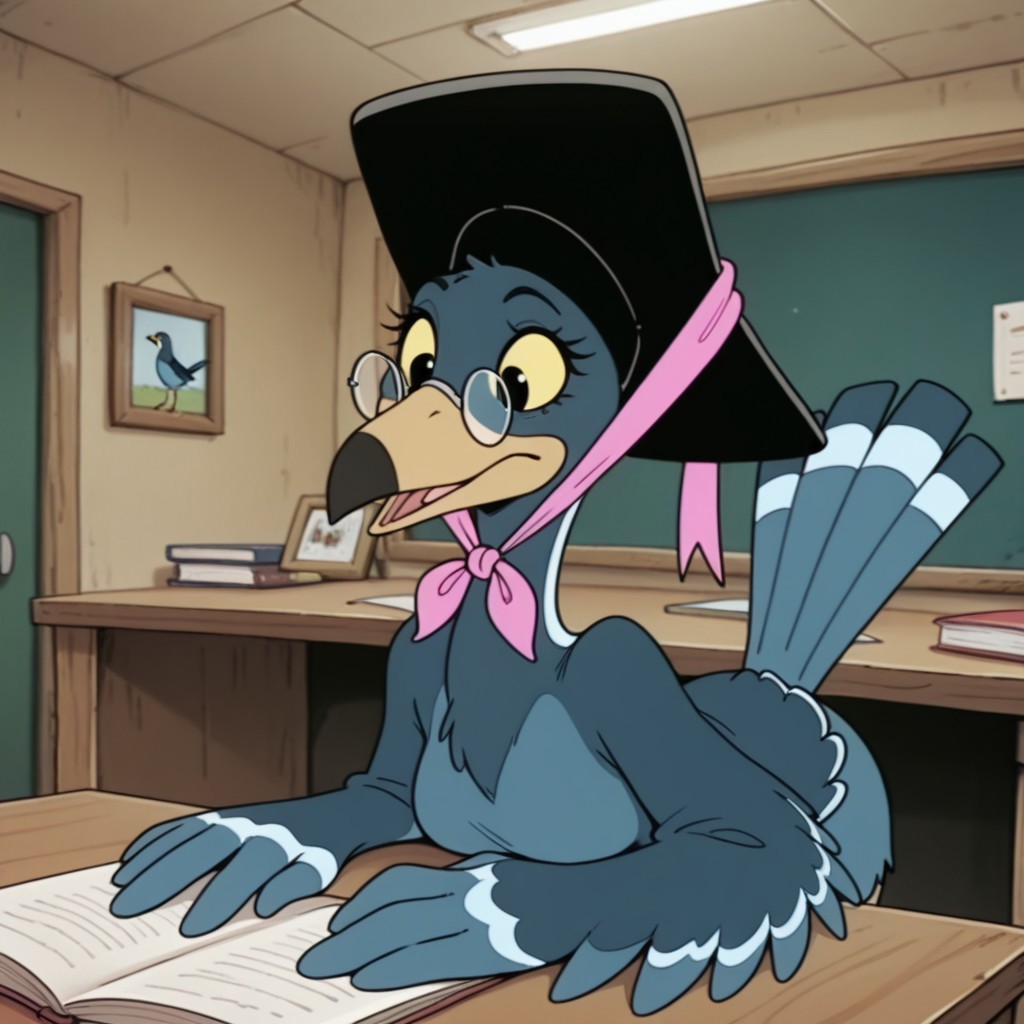 masterpiece, best quality, amazing quality, Magpiebbil, semi-anthro, female, bird, blue feathers, black eyes, yellow sclera, winged arms, glasses, black hat, pink ribbon, inside, leaning over desk