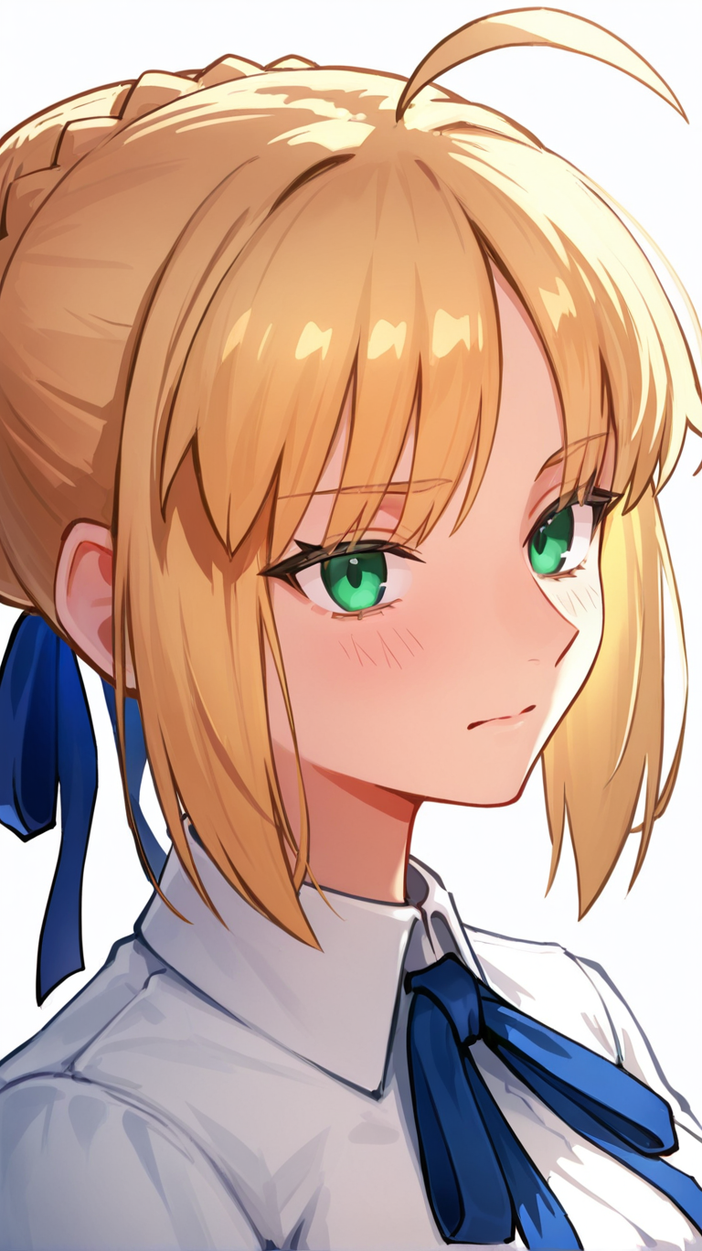 artoria_pendragon_\(fate\), saber, 1girl, solo, blush, short_hair, bangs, blonde_hair, simple_background, shirt, long_sleeves, white_background, ribbon, closed_mouth, green_eyes, hair_ribbon, white_shirt, braid, ahoge, collared_shirt, hair_bun, single_hair_bun, blue_ribbon, portrait