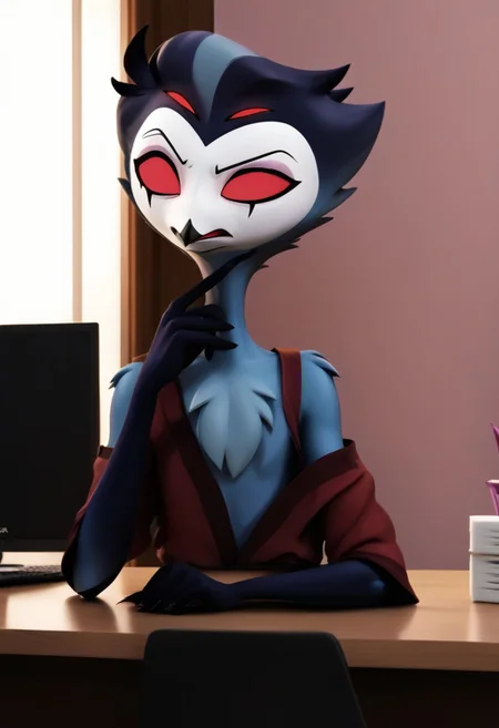 Stolas Goetia of Helluva Boss, 34 years old, angry, nice and cozy red morning gown, home, computer_on_fire, sitting behind desk, StlsGtia_Dskfll, stolas, N0R3AL_PDXL, PonyXLV6_Scores, blue body, feathers, bird, anthro, anthro bird, white face, red sclera, black hands, messy hair, large messy hair, dark blue messy hair, 4eyes, two sets of eyes, tail, bird tail, black and blue legs, (male anthro bird:1.3).