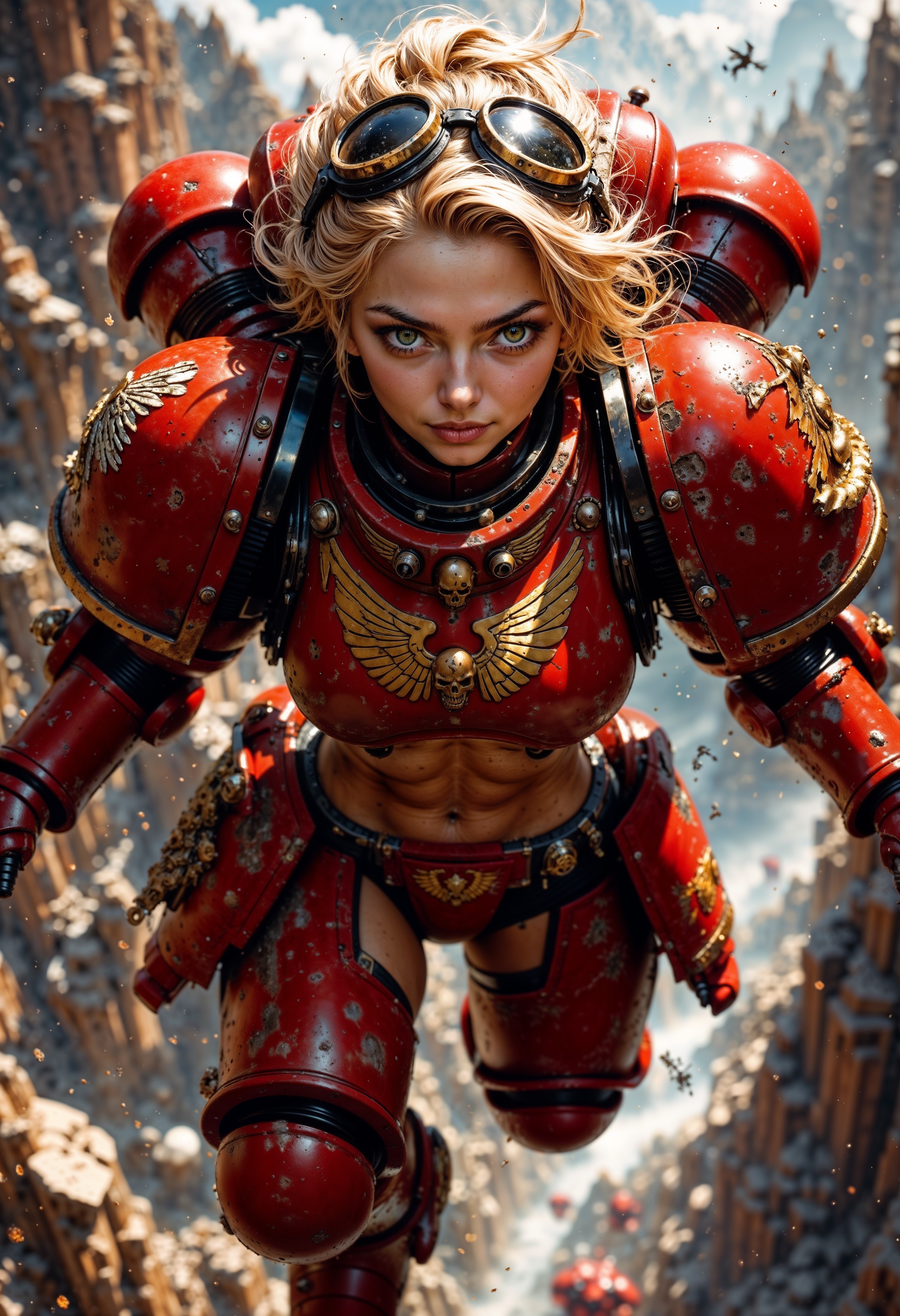 detailed portrait, masterpiece, BloodA40K, 1girl, solo, wearing red power armor, midriff, blonde hair, flying, hovering, air, goggles on head, dynamic angle, creating a mystical and adventurous atmosphere, directional lighting, masterpiece, perfect composition, perfect hands, cowboy shot, <lora:FluxBloodA40K:0.9> <lora:FluxMythP0rtr4itStyle:0.6> mythp0rt,