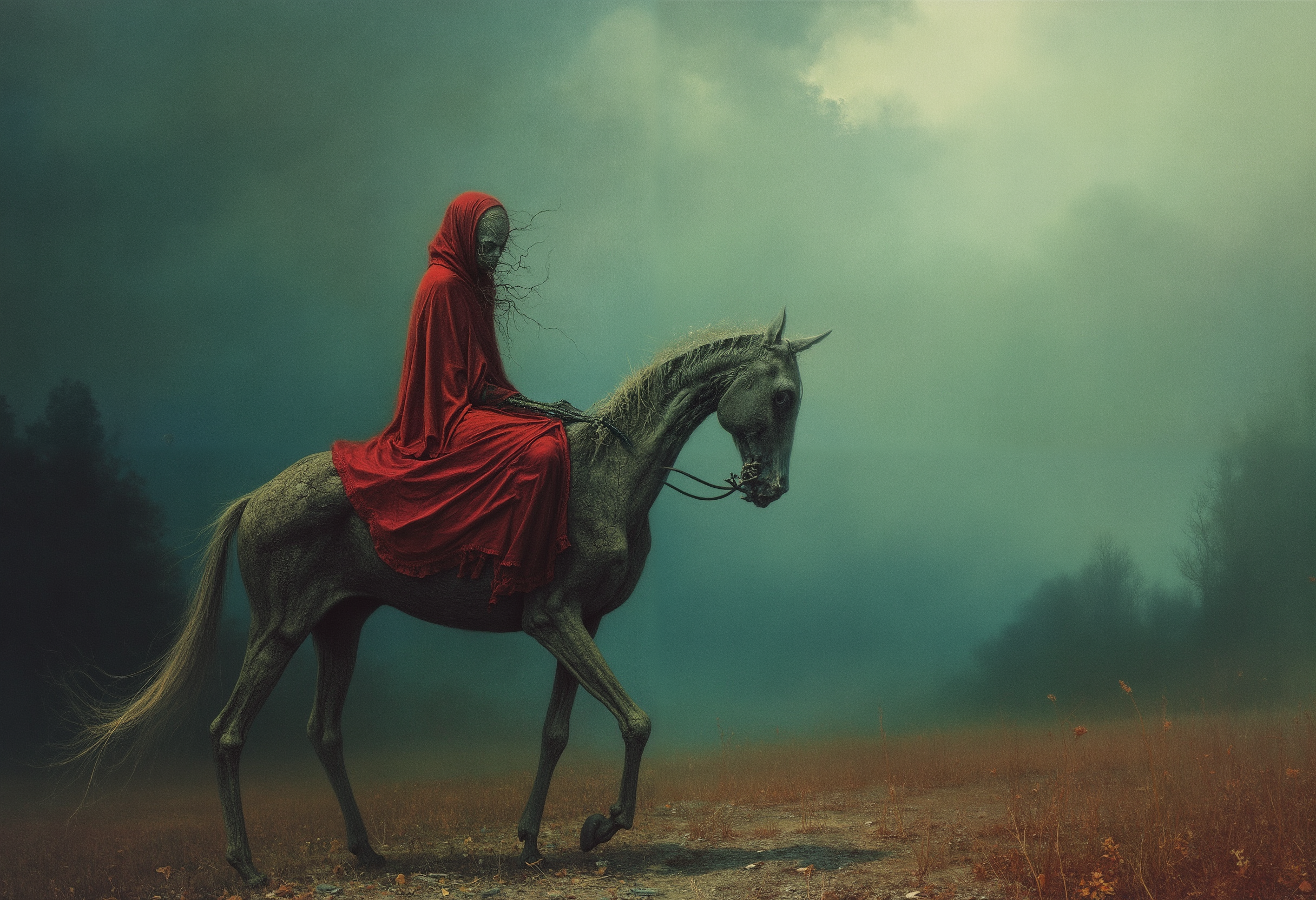 surreal photography, dreamlike imagery, subconscious exploration, bending reality, imaginative narratives, juxtaposing elements, evoking wonder and awe, transcending boundaries, challenging perceptions, fantastical landscapes, otherworldly atmospheres, <lora:Flux\Styles\Beksinski 2\Beksinski.safetensors:0.45:0.45>, a broken hearted bride riding a skeleton horse