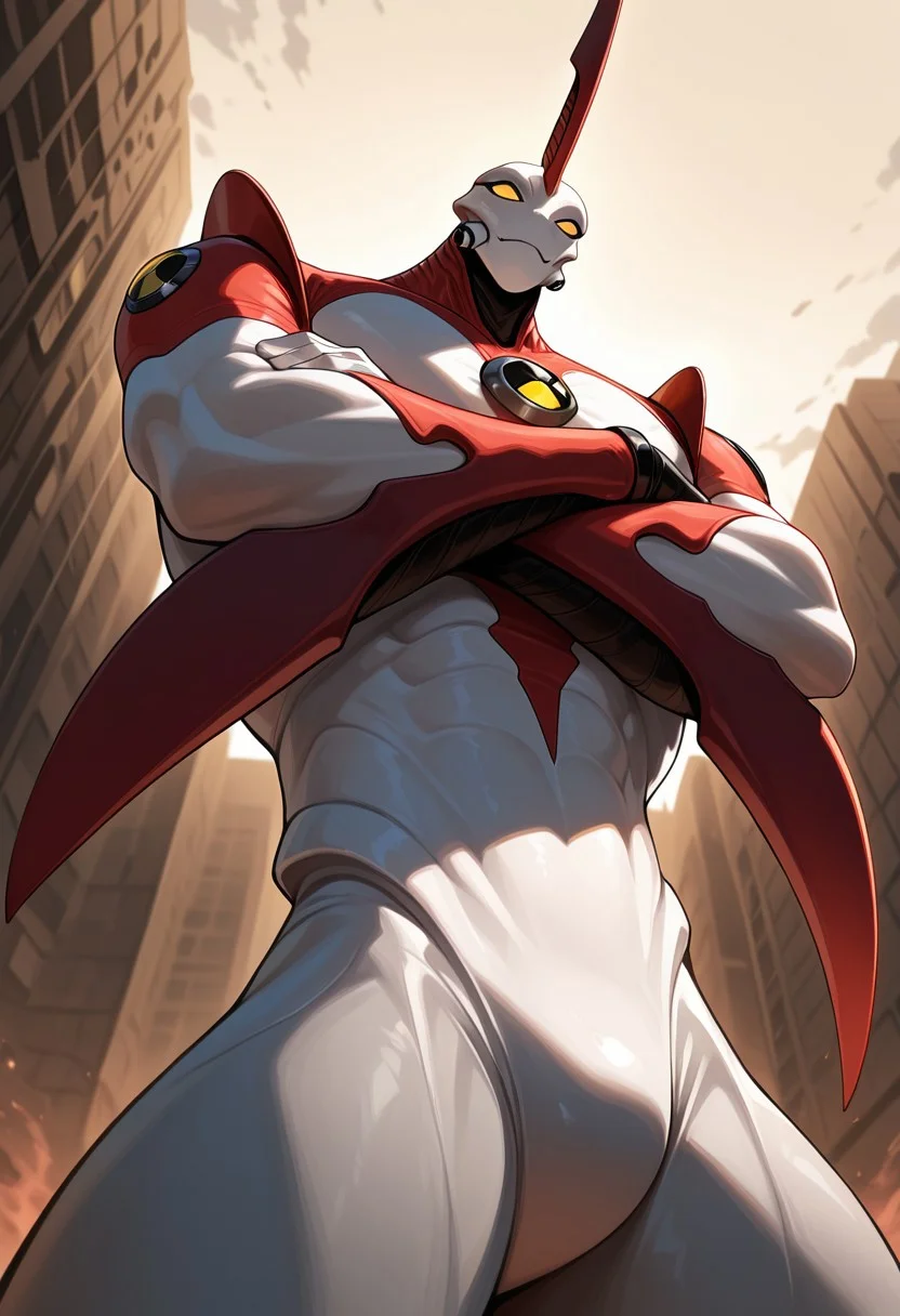 masterpiece, best quality, amazing quality, very aesthetic, absurdres, newest,
,waybig, no humans, solo, alien, horn, single horn, yellow eyes, arm blade,
giant, from below, leaning on budling, crossed arms, cool, smug,