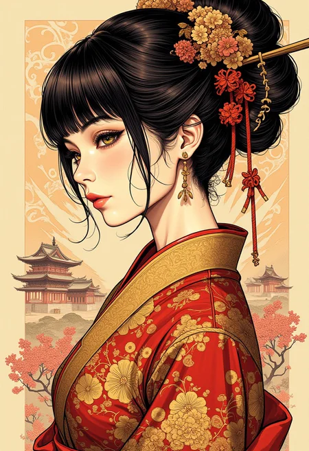 ArsNijiStyle, Inkplash art on rice paper, sepia, henna , Silhouette Art, magnificent, dark background, inksplash closeup side portrait of stunning japanese woman, gold and red cheongsam, bangs, sidelocks, china dress, abstract traditional japanese art background suggesting a shinto temple