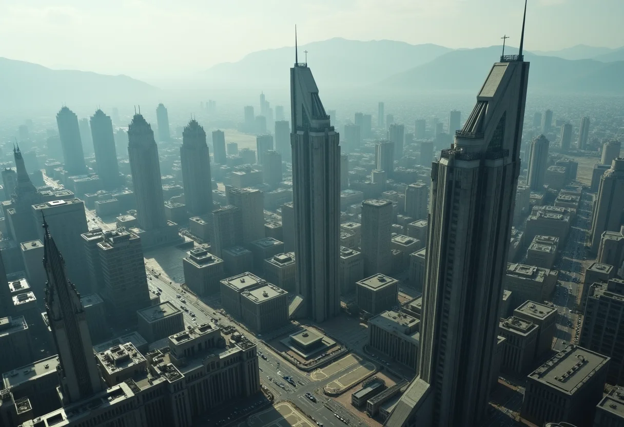 The city from The Hunger Games movies, concrete structures, authoritarian architecture, drone view , mountains in the far background , realistic, photo, cinematic