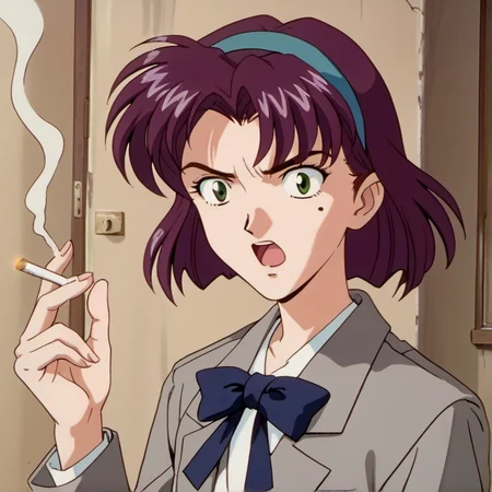 1girl, solo, rits3, teen, purple hair, trimmed short hair, green eyes, school uniform, blue hairband, smoking, holding cigarette, very shocked, open mouth, angry, skirt, jacket, bow, mole under right eye, mole, young, retro artstyle, <lora:rits3:1>,