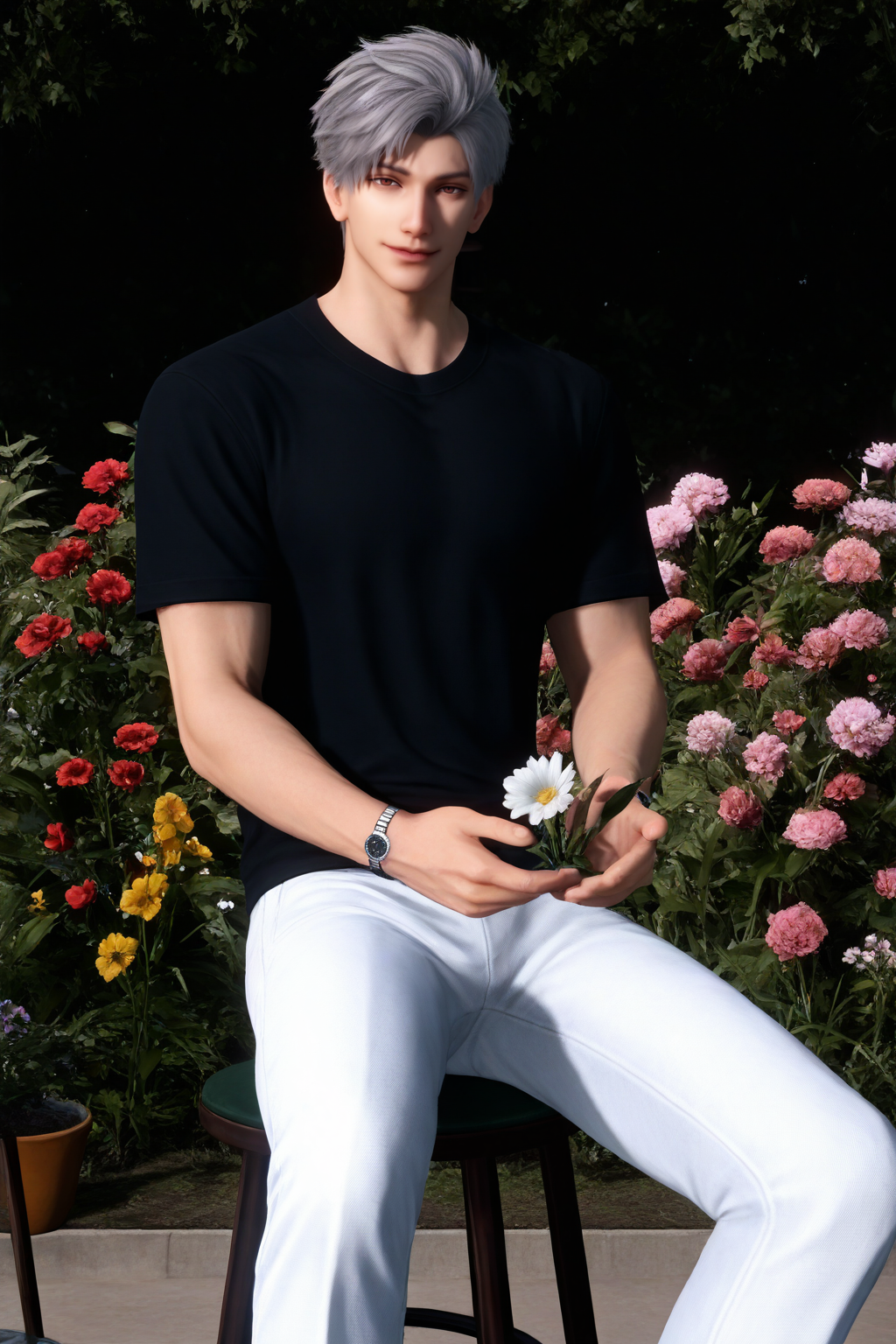 <lora:sylus-NAI:0.7>,sylus, 1boy, male focus, white pants, pants, shirt, holding, watch, flower, sitting, black shirt, looking at viewer, wristwatch, short hair, short sleeves, stool, jewelry, grey hair, solo, realistic, smile,garden,yaoi,bara,male focus,very awa,masterpiece,best quality,amazing quality,nsfw,uncersored,highres,best quality,amazing quality,best aesthetic,absurdres,