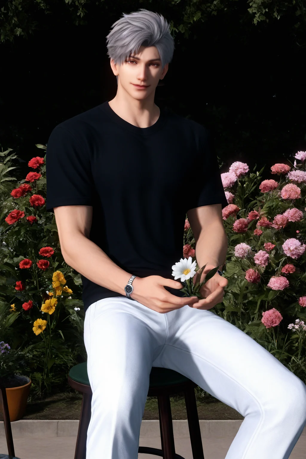 <lora:sylus-NAI:0.7>,sylus, 1boy, male focus, white pants, pants, shirt, holding, watch, flower, sitting, black shirt, looking at viewer, wristwatch, short hair, short sleeves, stool, jewelry, grey hair, solo, realistic, smile,garden,yaoi,bara,male focus,very awa,masterpiece,best quality,amazing quality,nsfw,uncersored,highres,best quality,amazing quality,best aesthetic,absurdres,