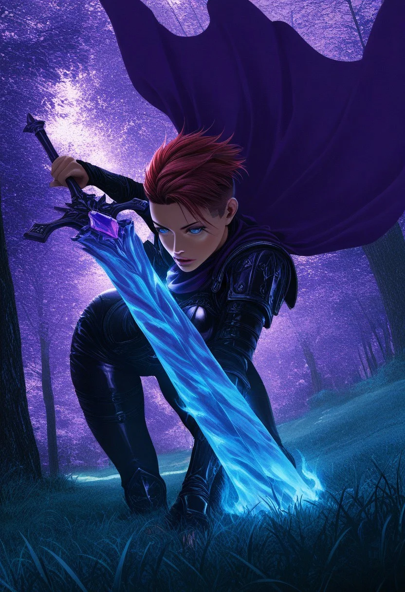masterpiece, best quality, amazing quality, very aesthetic, absurdres, dynamic angle, ultra-detailed, highly detailed, cinematic lighting, realistic shading, purple cape, leather armor, 1girl, Solo, red hair, undercut, blue eyes, purple blue crystal, trees, grass,
Hold sword, Great sword, Flaming sword, large weapon, MinekuraStyle