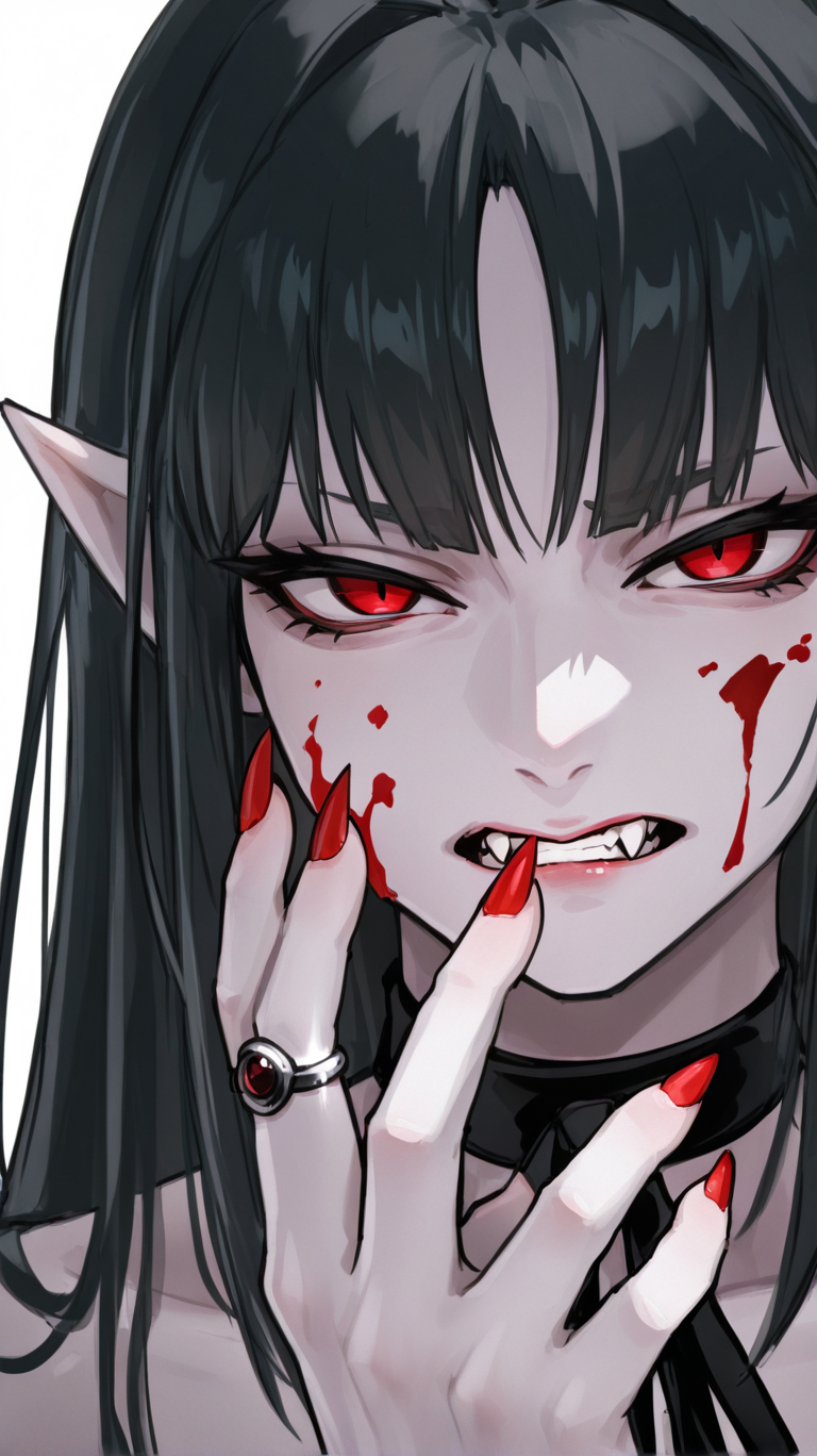 1girl, solo, long_hair, looking_at_viewer, bangs, simple_background, black_hair, red_eyes, white_background, ribbon, jewelry, grey_hair, teeth, choker, pointy_ears, hand_up, nail_polish, fingernails, black_ribbon, blood, fangs, black_choker, ring, clenched_teeth, pale_skin, portrait, red_nails, long_fingernails, blood_on_face, sharp_fingernails, vampire