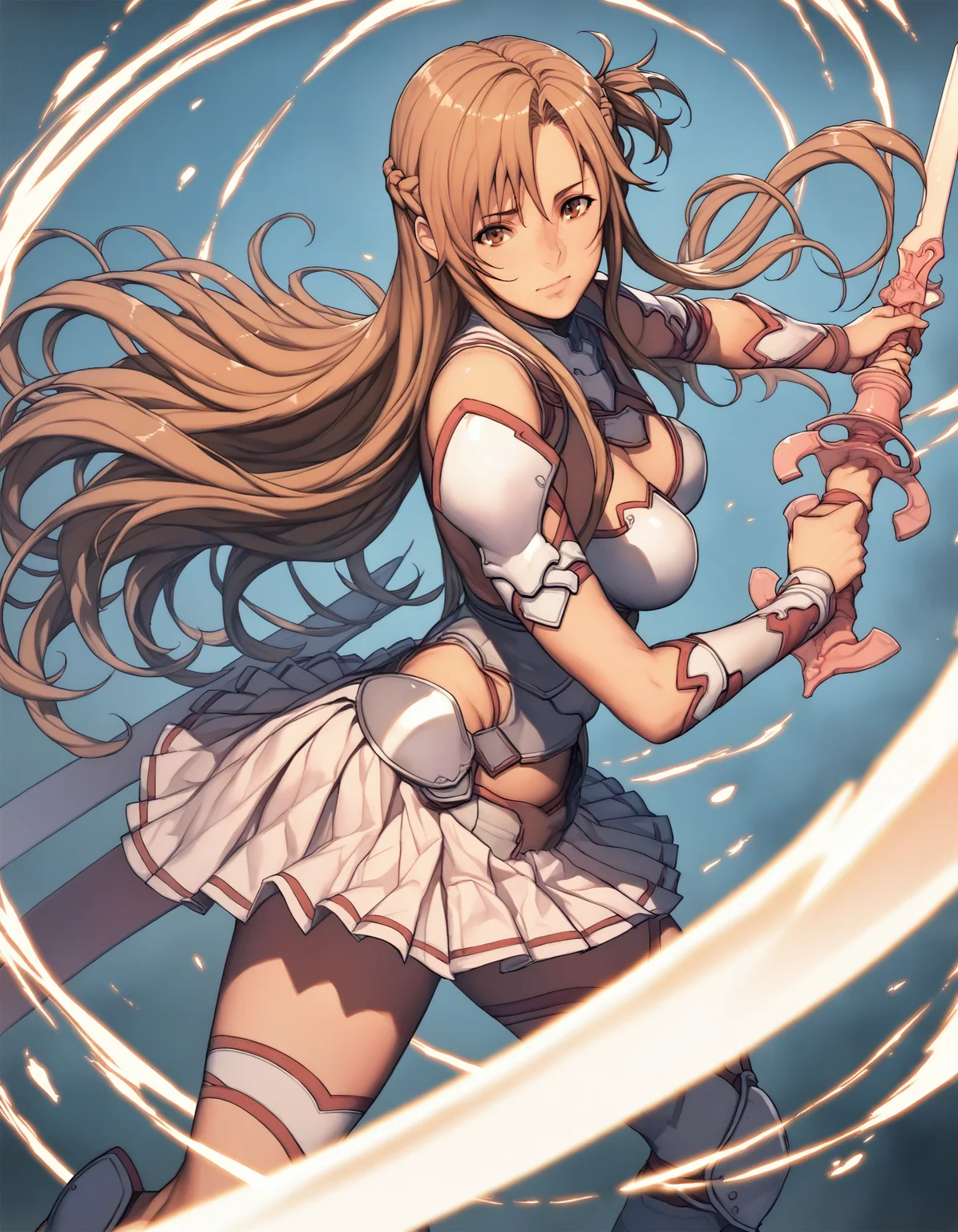 1girl, solo, female,
asuna, sword art online, brown hair, brown eyes, breasts,
armor, breastplate, red pleated skirt, white armor, rapier, holding sword,
BREAK
score_9, score_8_up, score_7_up, score_6_up, source_anime, rating_questionable <lora:odanon_style_v2:0.9>