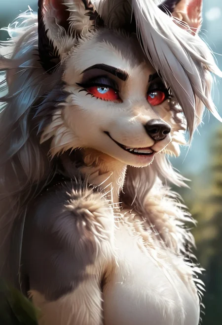 Score_9, loona, helluva_boss, furry, anthro, short hair, grey hair, animal ears, tail, dog girl, wolf girl, animal nose, dog tail, furry female, wolf tail, furry, wolf ears, dog ears, snout, two-tone fur, grey fur, furrification, makeup, fur, fur trim, absurd res, red scelera, sharp focus, <lora:more_details:1.0> detailed background, volumetric lighting, detailed skin, detailed hair, extremely detailed, ultra 8k quality, white iris, high gradient eyes, medium breasts, flat color, dark theme, high definition eyes, fluffynegative, , white snout, smile, happy
Hyperrealistic, photorealistic, realistic, ultrarealistic, high definition, Fluffy, detailed fur, eyesHD, detailed_eye_model, highres, super high resolution, 8k,