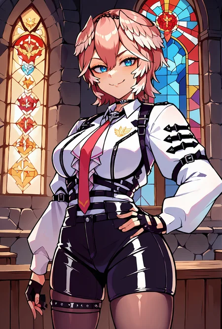 score_9, score_8_up, score_7_up, source_anime BREAK
1girl, standing, hand on own hip, cowboy shot, smug, looking at viewer
indoors, stained glass window, gothic architecture, dark, night, stone wall
<lora:TakaneLuiXL-3:1> lui-def, red necktie, fingerless gloves