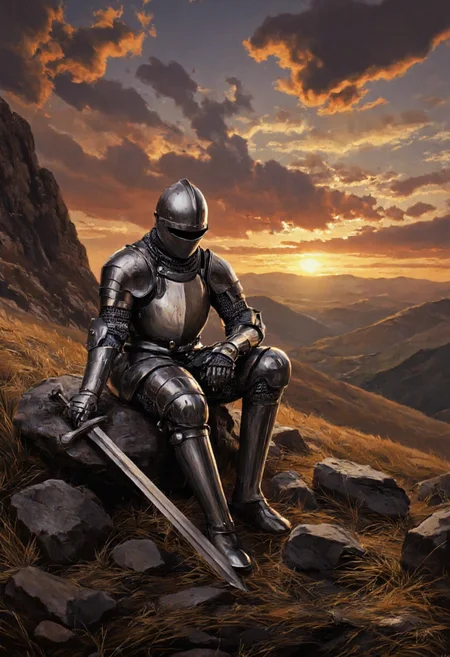 artwork depicting a medieval knight in full armor, sitting on a rocky hillside at sunset. The knight is positioned centrally, with his back resting against a large, flat rock. His helmet, made of polished steel, covers his head, and his visor is down, obscuring his face. He wears a breastplate, pauldrons, vambraces, and greaves, all made of metallic armor, which reflect the warm hues of the setting sun. The knight's right hand rests on his knee, while his left hand holds the hilt of a long, broadsword that lies across his lap. The sword's blade is dark and sharp, with a crossguard and pommel at the hilt.The background features a dramatic, partly cloudy sky with shades of orange, red, and gold, casting a warm glow over the scene. The horizon is lined with distant mountains, their silhouettes outlined against the sky. The ground is rough and covered with dry grass and scattered rocks, adding to the rugged, medieval atmosphere. The overall color palette is rich and moody, with metallic reflections contrasting against the earthy tones of the landscape. The image conveys a sense of solitude, reflection, and the weight of history.,aidmaimageupgrader, aidmaMJ6.1 <lora:aidmaMJ6.1-FLUX-v0.5:0.7> <lora:aidmaImageUprader-FLUX-v0.3:0.4>