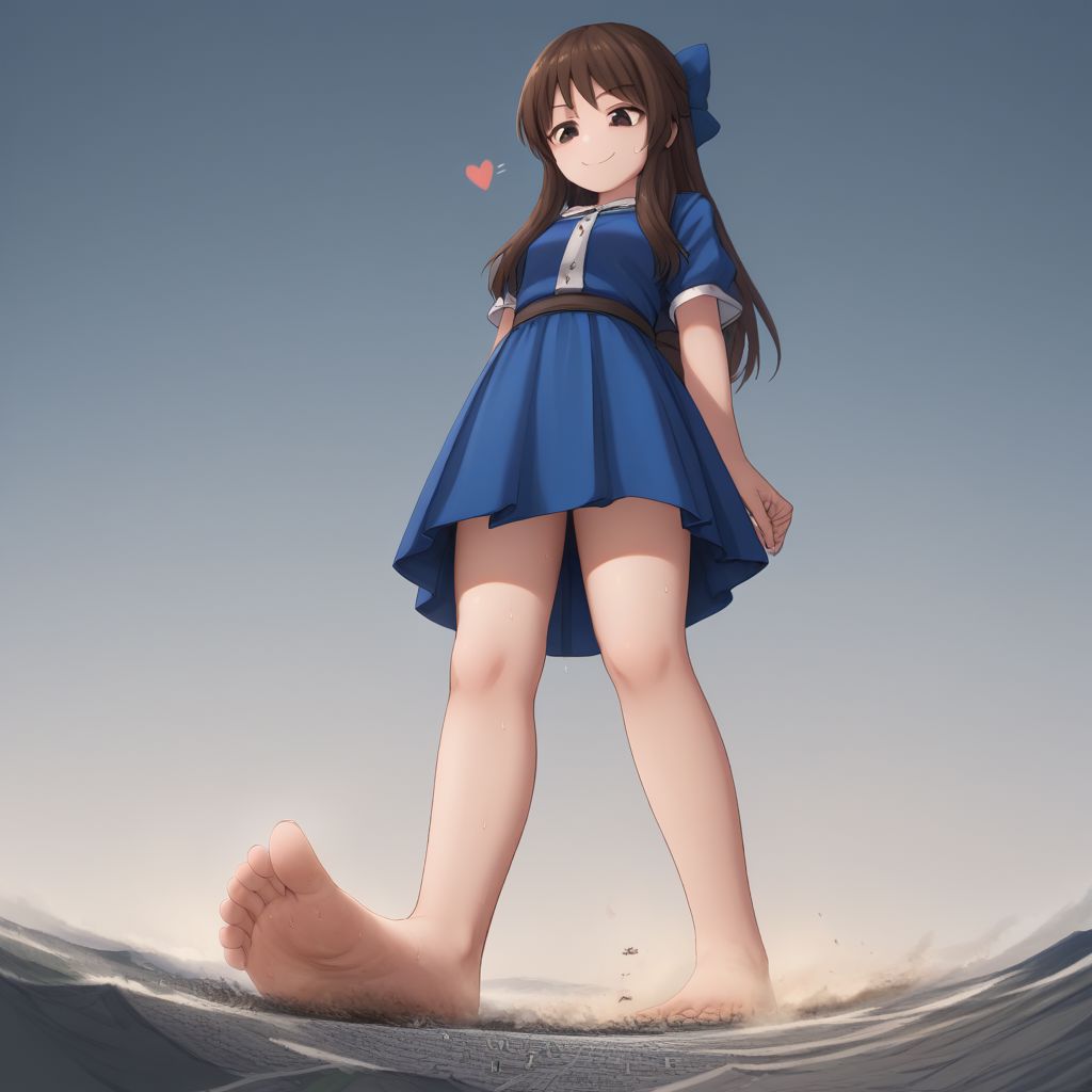 score_9, score_8_up, score_7_up, score_6_up, macro, giga macro, giantess,( 1girl, full body:1.5), solo, solo focus,
(tcbnarisu_AA,tachibana arisu, brown hair, brown eyes, long hair, bangs , blue dress, hair bow, bare legs, barefoot, looking down, sweating, drenched in sweat, super sweaty, sweaty feet:1.3),
(cute female, love:1.5), (smile, smug, smug smile:1.3), 1girl, perfect feet, feet, looking down, long fingernails, long toenails, (sweat, sweaty, very sweaty, sweaty foot, steam:1.4), (bare legs, barefoot, dirty feet, floating hearts:1.3), toes, (standing legs apart, standing, legs together, from below, low angle, spread legs, wide spread legs:1.4),
extreme detail, realistic, realism, masterpiece, perfect lighting, bloom, cinematic lighting, highres, (ultra realistic, 32k, masterpiece:1.2), (high detailed skin:1.1), (high quality:1.1), bokeh, luminescent background,
sunny blue sky background, destruction, landscape, cities, mass destruction, trail of destruction,