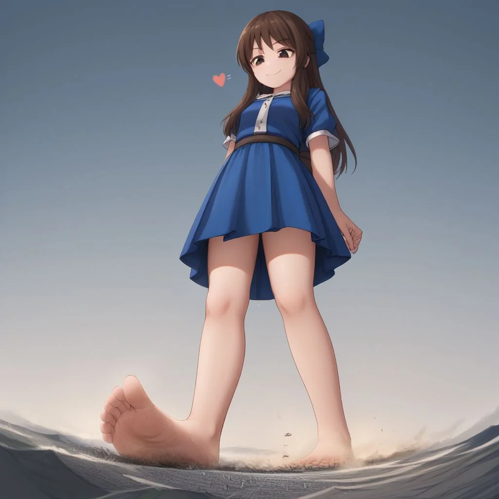 score_9, score_8_up, score_7_up, score_6_up, macro, giga macro, giantess,( 1girl, full body:1.5), solo, solo focus,
(tcbnarisu_AA,tachibana arisu, brown hair, brown eyes, long hair, bangs , blue dress, hair bow, bare legs, barefoot, looking down, sweating, drenched in sweat, super sweaty, sweaty feet:1.3),
(cute female, love:1.5), (smile, smug, smug smile:1.3), 1girl, perfect feet, feet, looking down, long fingernails, long toenails, (sweat, sweaty, very sweaty, sweaty foot, steam:1.4), (bare legs, barefoot, dirty feet, floating hearts:1.3), toes, (standing legs apart, standing, legs together, from below, low angle, spread legs, wide spread legs:1.4),
extreme detail, realistic, realism, masterpiece, perfect lighting, bloom, cinematic lighting, highres, (ultra realistic, 32k, masterpiece:1.2), (high detailed skin:1.1), (high quality:1.1), bokeh, luminescent background,
sunny blue sky background, destruction, landscape, cities, mass destruction, trail of destruction,