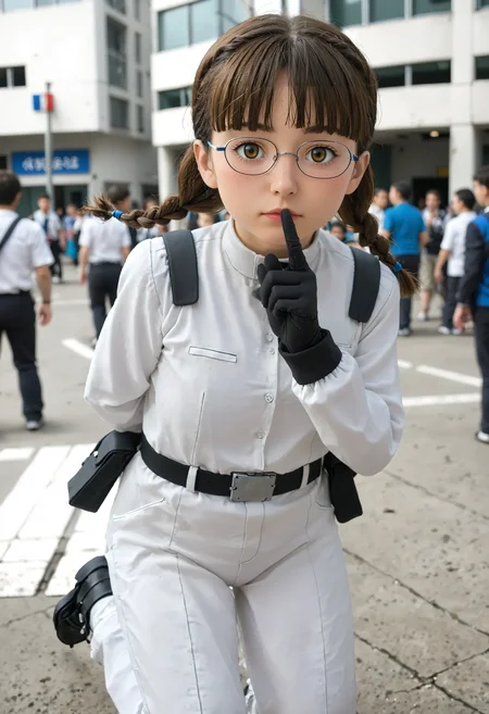 <lora:Hyper-SDXL-8steps-lora:1> <lora:Fixhands_anime_bdsqlsz_V1:1> zPDXL2, score_9, score_8_up, score_7_up, source_anime, intricate details, perfect anatomy BREAK
outdoors, city, tokyo, japan, audience, crowd, standing, hand on own chin, looking at viewer,  leaning forward, arm behind back,index finger raised, Bored, A slack jaw, drooping eyelids, and a slightly uninterested gaze., 1girl, solo, solo focus, 
<lora:GAGE-remi_ruth_XL(pony)v10:1> gage-remi, brown hair, low twin braids, brown eyes, glasses, gage-remi outfit, white dress, black gloves, belt pouch, white pants, black shoes,