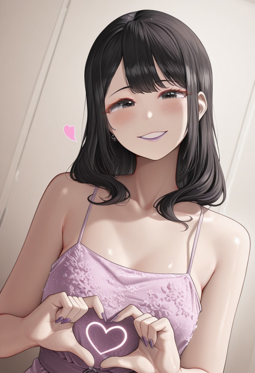 kuse, 1girl, solo, medium build, medium hair, sfw, safe for work, flowy dress,  black eyes, purple lipgloss, smiling, portrait, upper body, heart hands, mature female, foreshortening, detailed, newest, shiny skin, cowboy angle, solo focus, medium breasts, face focus,  flat chest
