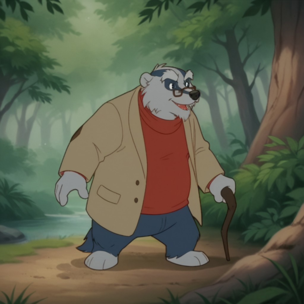 score_9, score_8_up, score_7_up, score_6_up, score_5_up, score_4_up, source_furry, Corneliusouaf, semi-anthro, male, badger, grey fur, two-tone fur, red shirt, glasses, tan jacket, standing, in a forest