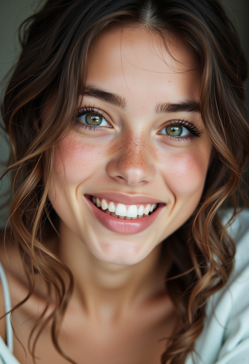 A stunning teenage Swiss girl with flawless model-like facial features, flawless light pale skin, youthful innocent charm, minimal makeup, and large captivating eyes. She is ecstatic and has a huge manic smile.  Her eyes are unnaturally large and colorful.