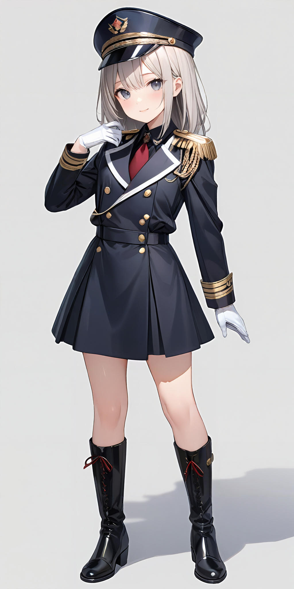 masterpiece,ultra-detailed,best quality,8K,illustration,cute face,clean skin ,shiny hair,girl,simple background
 <lora:add-detail-xl:1>  <lora:marching uniform_XL_V1.0:0.5> jyojifuku, marching, hat, boots, uniform, gloves, epaulettes
