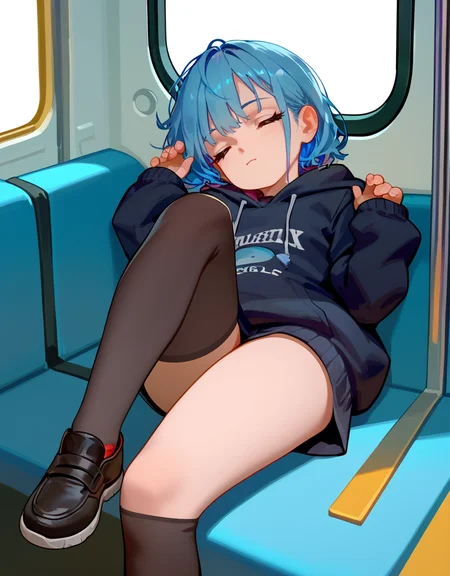 zPDXL2, <lora:as109V1:1>, as109,
1girl, cute face, closed eyes, long blue hair, black hoodie, black leggings, black shoes, sitting in a train, sleeping, viewed from front