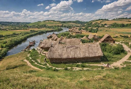 photograph,neolithic village near a river,  high quality photography, 4k, Canon EOS R3, hdr, smooth, sharp focus, high resolution, award winning photo,