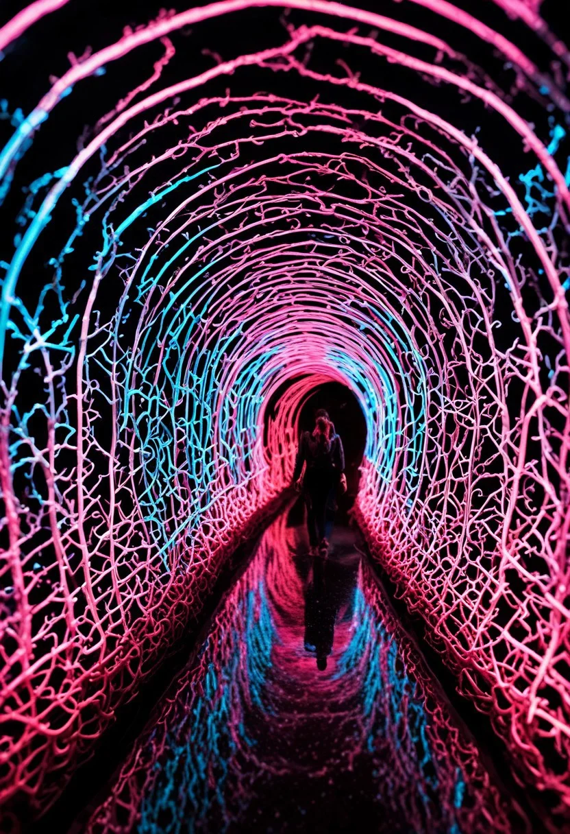 steep, tunnel, made of tiny neon glass filaments,