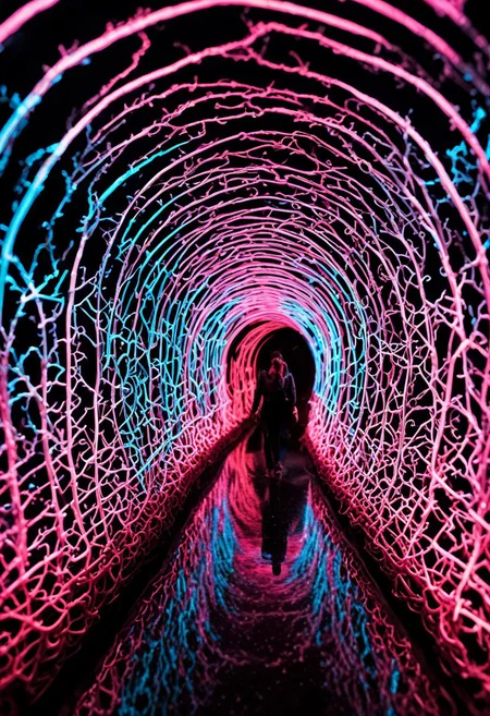 steep, tunnel, made of tiny neon glass filaments,