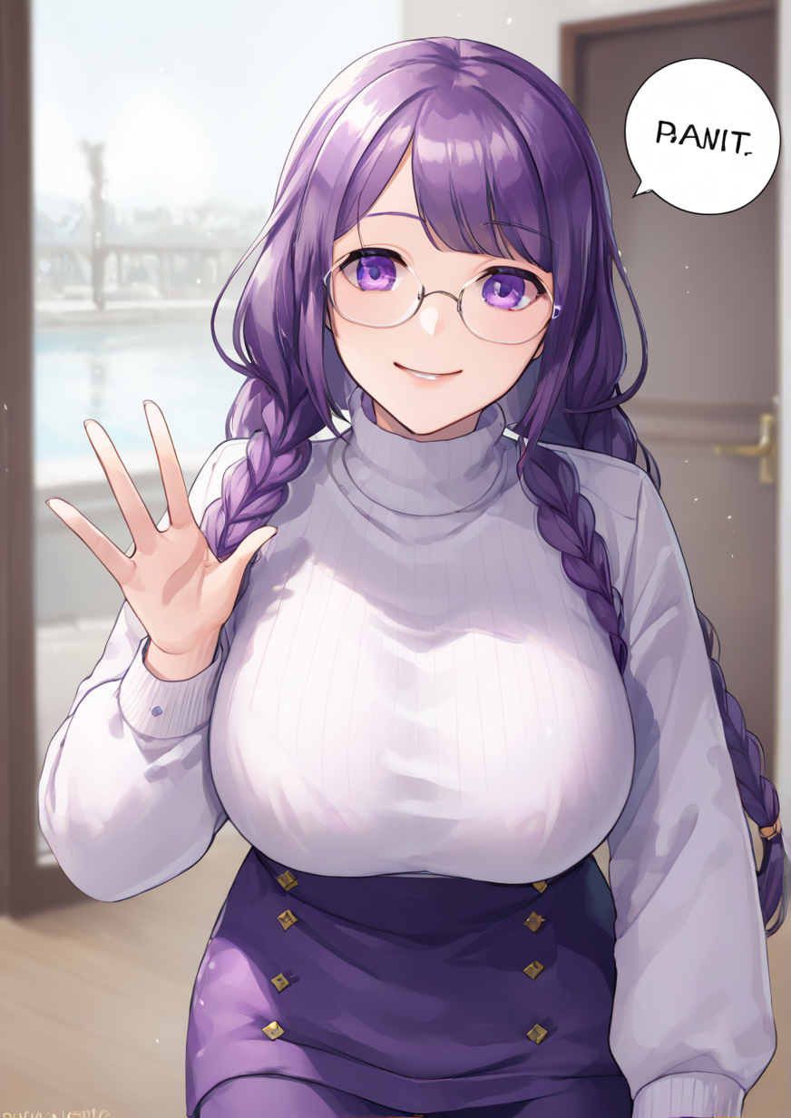 1girl, huge breast, , braid, breasts, glasses, long hair, long sleeves, looking at viewer, purple eyes, purple hair, smile, smirk, solo, speech bubble, sweater, talking, turtleneck, turtleneck sweater, twin braids, upper body, waving, white sweater,  <lora:ç´ækuonxxx02:1>
