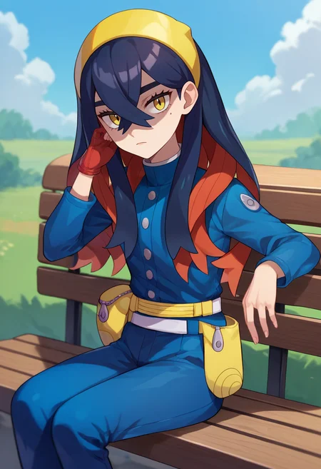 score_9, score_8_up, score_7_up, source_anime, solo, 1girl, pokemoncarmine, shaded face, expressionless, looking at viewer, sitting, bench, mole under eye, hairband, blue jacket, long sleeves, red gloves, single glove, blue pants, white belt, pouch, outdoors <lora:pokemon_carmine_ponyXL:1>