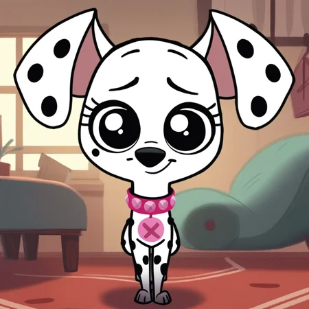 score_9, score_8_up, score_8, score_7, source_cartoon, TheTriplets(101), 1girl, solo, feral, dog, dalmatian, white fur, black spots, large ears, short tail, black eyes, pink collar, round tag, full body, looking at viewer, standing, smile, indoors, living room background,